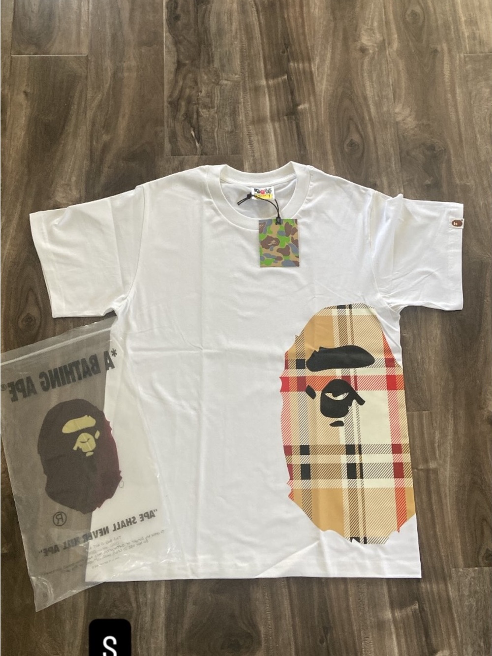 Bape White Short Sleeve Tee with Beige Plaid Ape Graphic